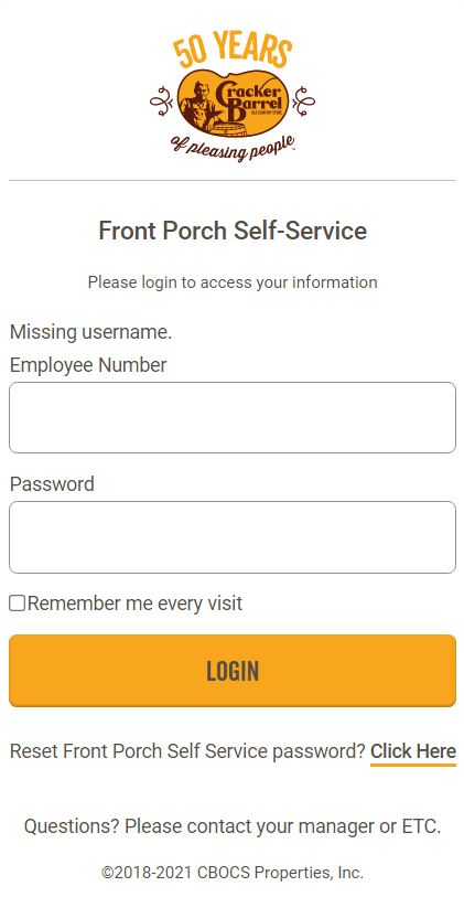 Cracker Barrel Front Porch ESS Login