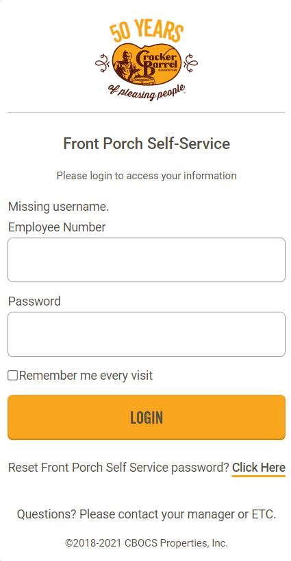 Cracker Barrel Front Porch ESS Login